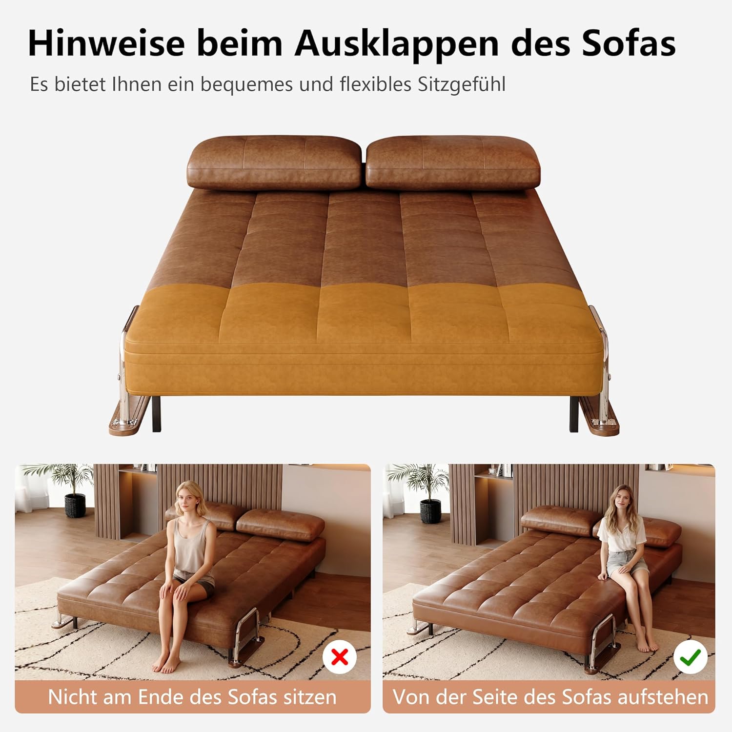 Schlafsofa-Lederoptik, modernes 2 sitzer Sofa mit schlaffunktion, schlafcouch mit Klappmatratze,klappsofa vielfältig einsetzbar für Wohnzimmer, Schlafzimmer & kleine Räume,Braunes（150cm）