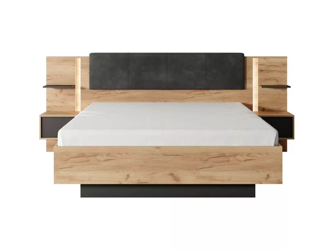 Lit avec chevets 160 x 200 cm - Avec LEDs - Coloris : Naturel et anthracite - ELYNIA