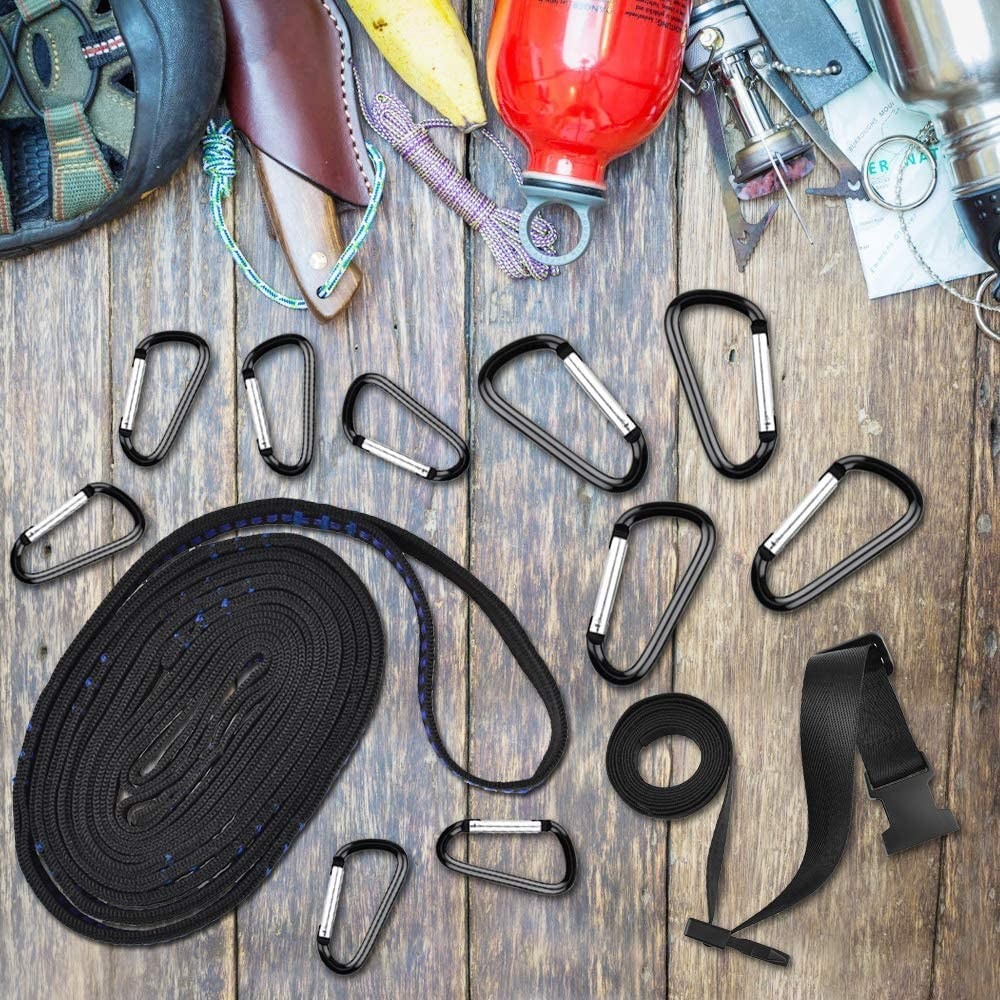 (20-tlg. Set) 670cm Robuste Wäscheleine Outdoor Camping Schnur mit 19 Karabinerhaken - Schwarz