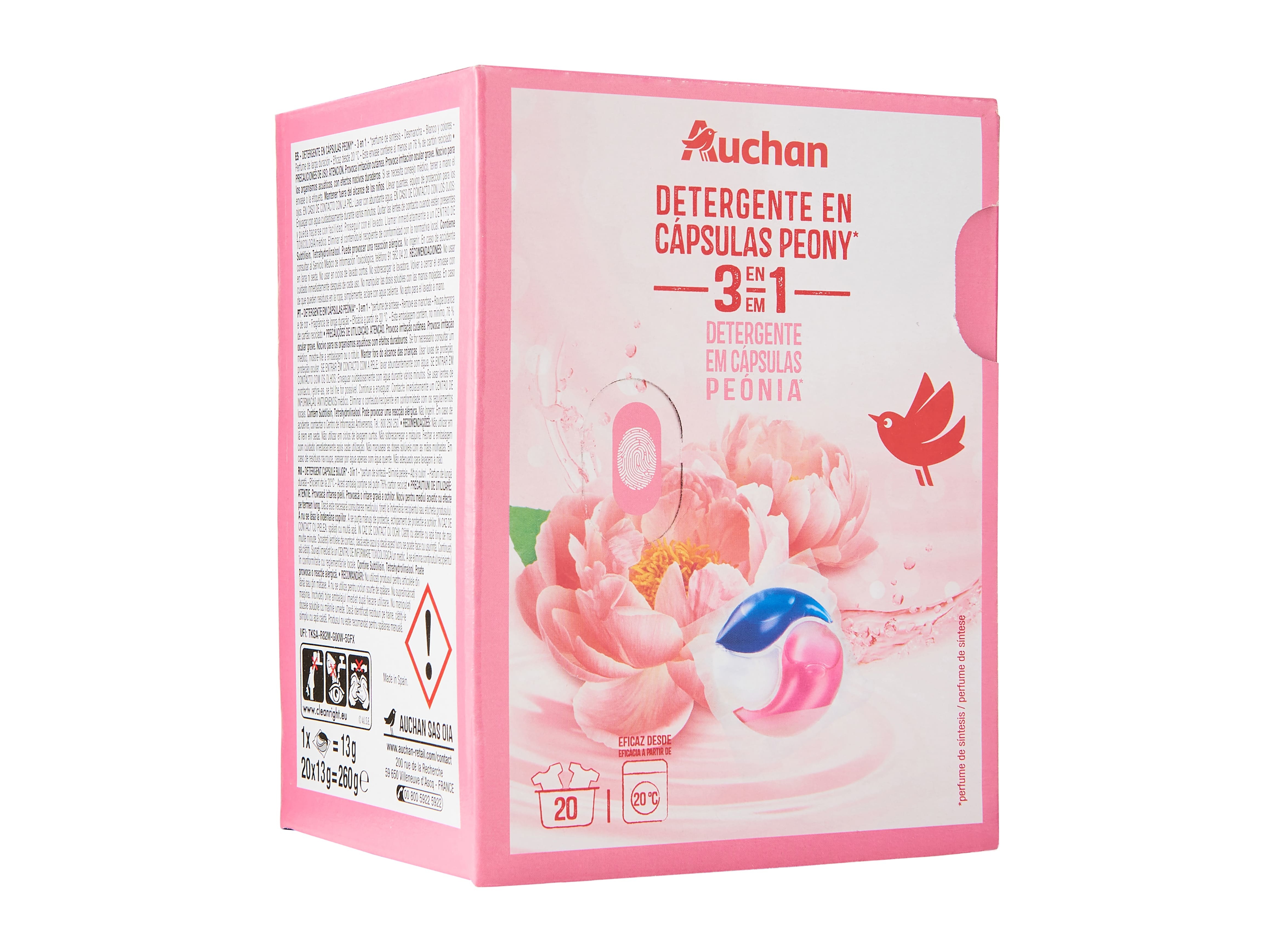 DETERGENTE MÁQ. ROUPA AUCHAN CÁPSULAS 3EM1 PEÓNIA 20D