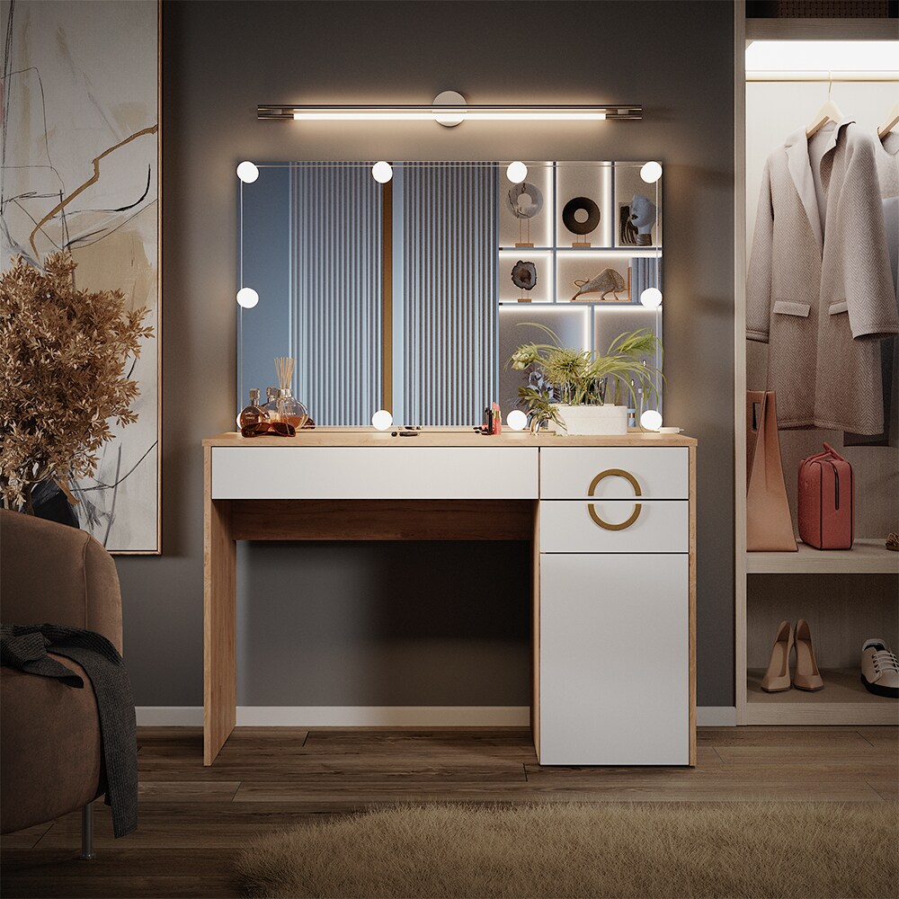 Vicco Schminktisch Adela Natural Rockford Hickory Weiß, 115 x 76 cm Spiegel, LED