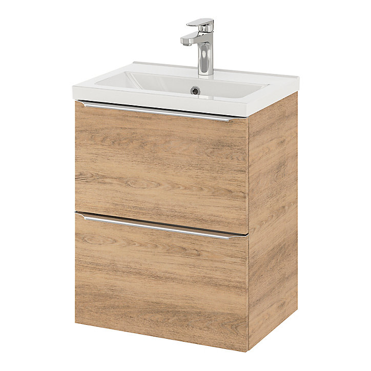 Ensemble salle de bains l.50 cm meuble à suspendre faible profondeur Imandra décor chêne + plan vasque céramique blanc