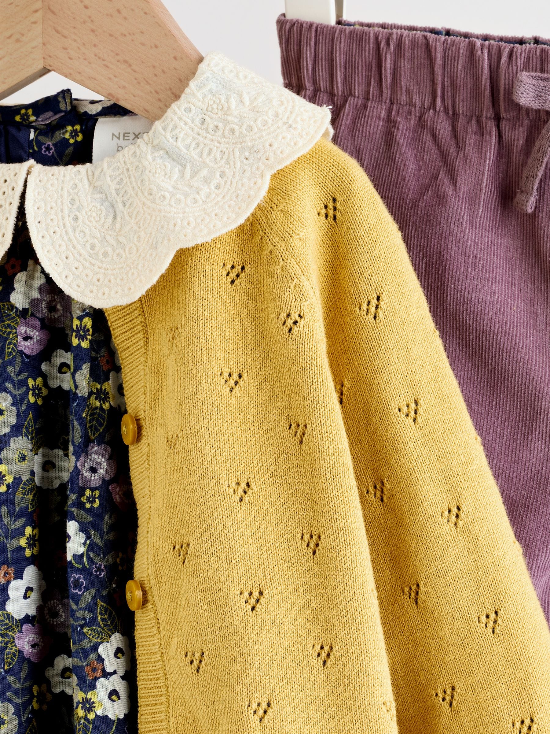Geel/marineblauw met fijne print/paars - Knitted Cardigan, Long Sleeve Top and Cord Trouses Baby 3 Piece Set (0mths-2yrs)