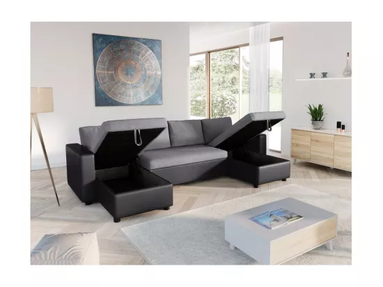 Canapé d'Angle Panoramique 6 Places Maria Convertible en simili et microfibre - Gris/Noir - L295 x P146 x H81cm - Loungitude