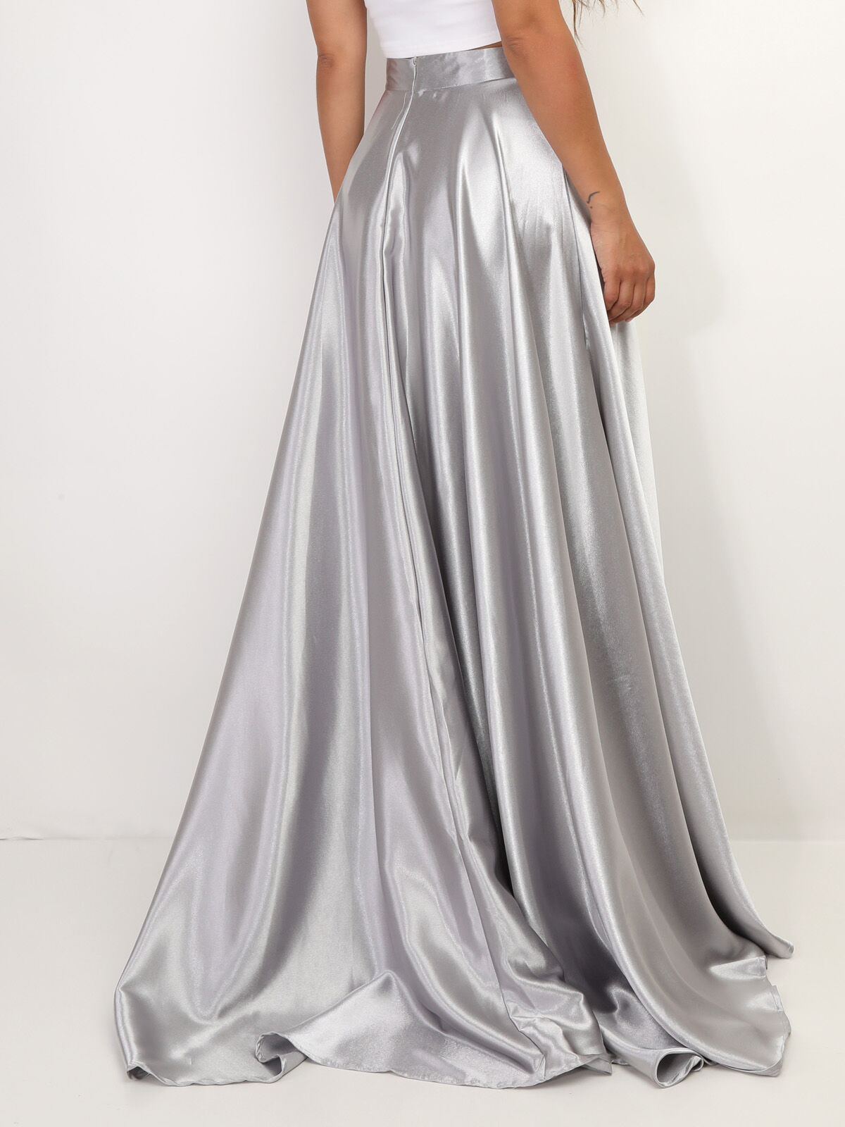 Jupe longue taille haute effet satiné- Gris