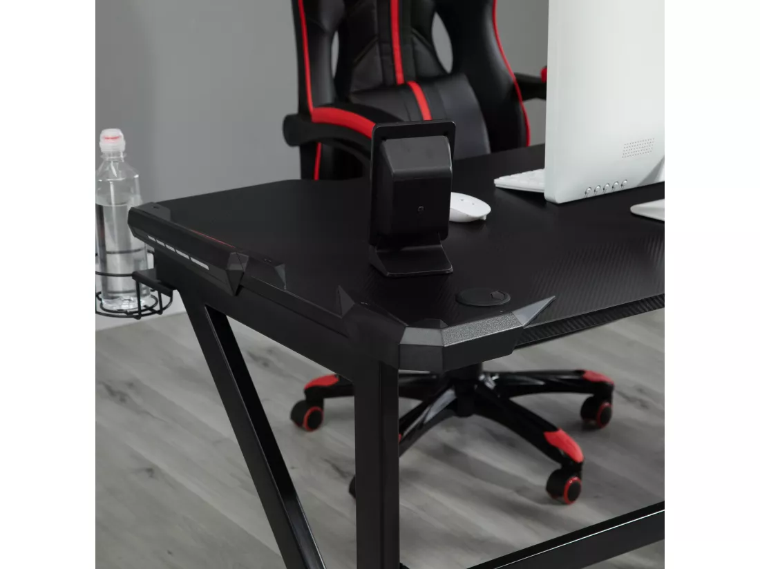 Bureau gaming bureau gamer bureau informatique support casque porte-gobelet passe-câbles inclus métal MDF texture fibre carbone noir