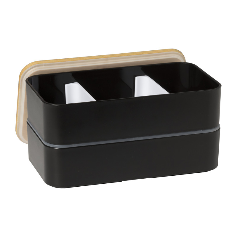 Lunchbox dubbel met bestek - zwart - 700 ml