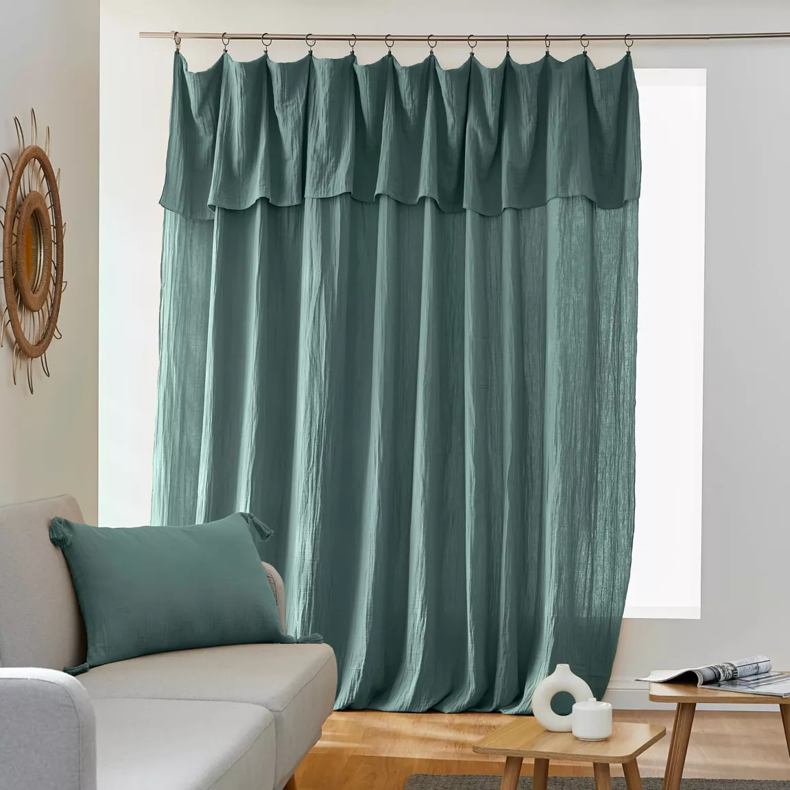 Rideau gaze de coton ajustable (280 x max 300 cm) Gaïa Bleu canard