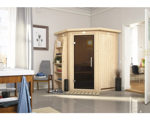 Plug & Play Sauna Karibu Achat II zonder kachel, met dakrand en grafietkleurige volledig glazen deur