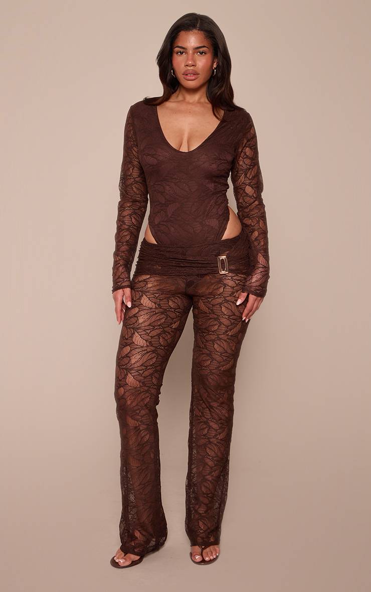 Chocolat Pantalon Évasé À Empiècements En Dentelle Ajusté Co-ord