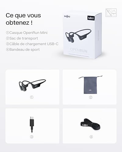 SHOKZ OpenRun Mini Casque à Conduction osseuse, écouteurs Bluetooth Oreilles Libres pour Le Sport avec Micro, Casque sans Fil étanche IP67, 8 Heures d’autonomie, USB-C, Bandeau de Sport, Noir
