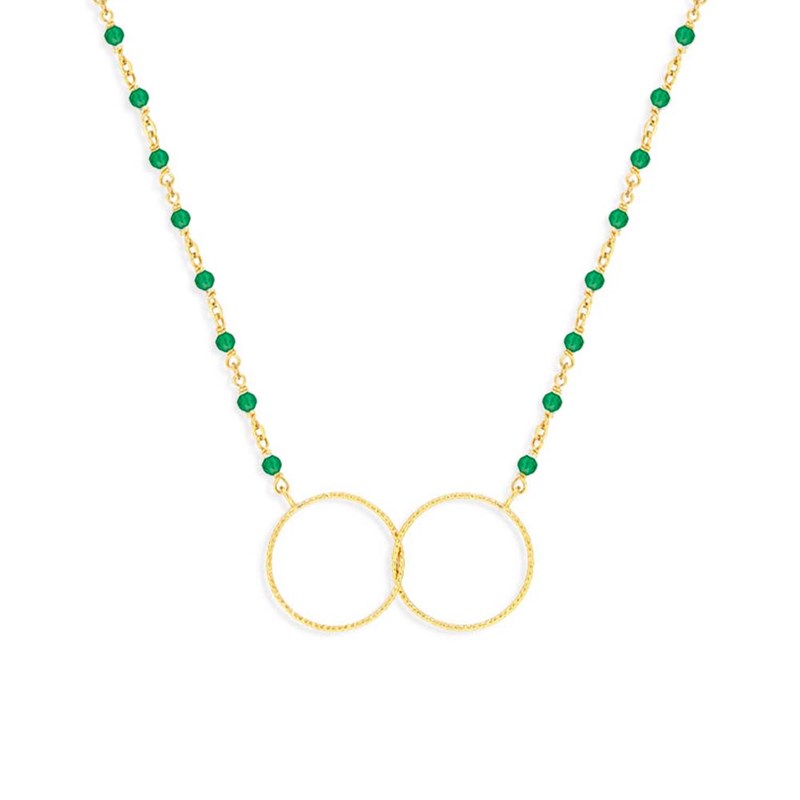 Collier Argent Doré Double Rond Et Pierre Onyx Vert