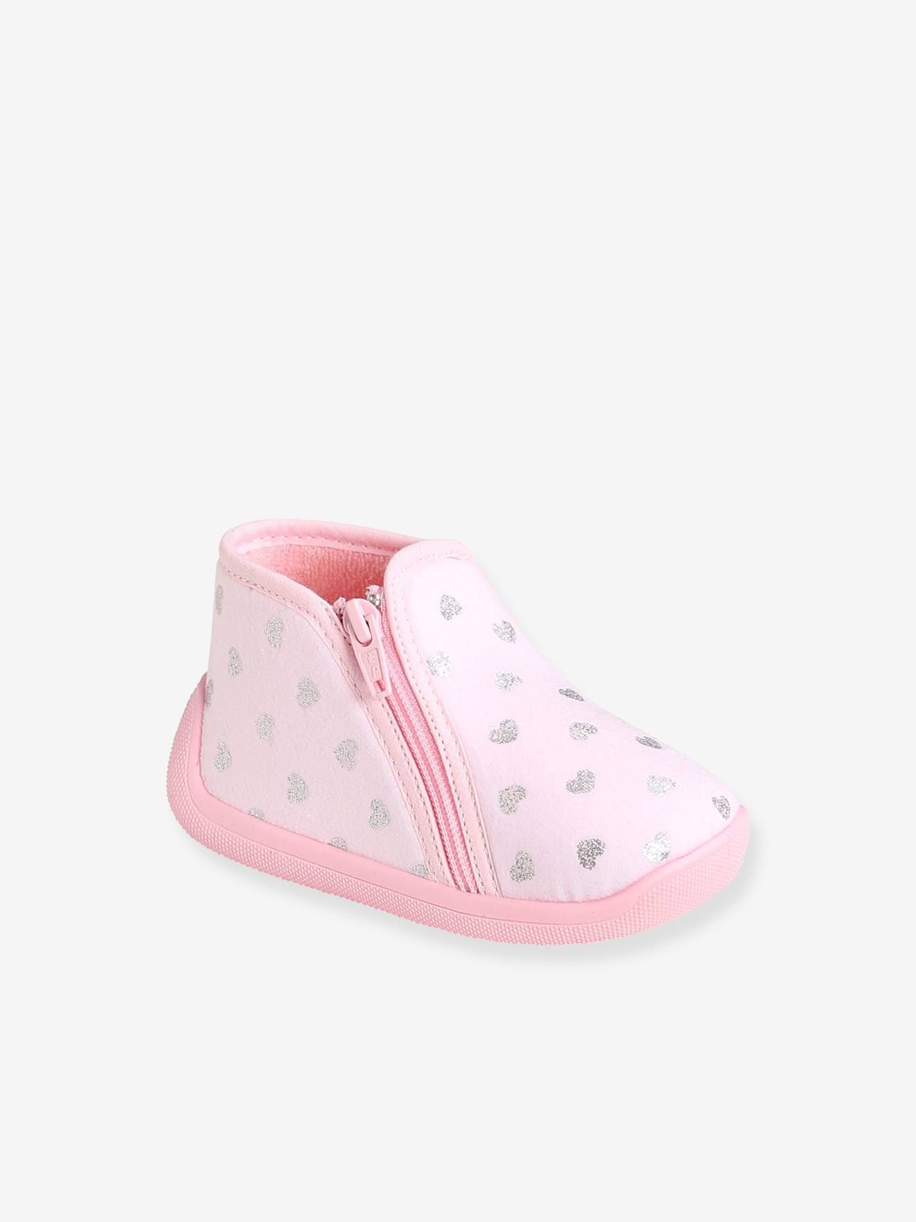 Pantufas de casa com zíper para bebê menina, fabricadas na França, estampa rosa claro