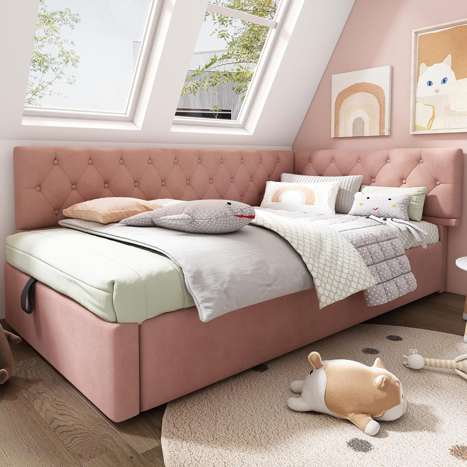 Merax Polsterbett Tagesbett Daybett 90x200cm, Schlafsofa mit hydraulischem Stauraum, Kinderbett Jugendbett Bettgestell mit Lattenrost aus Holz, Samt, Rosa, ohne Matratze