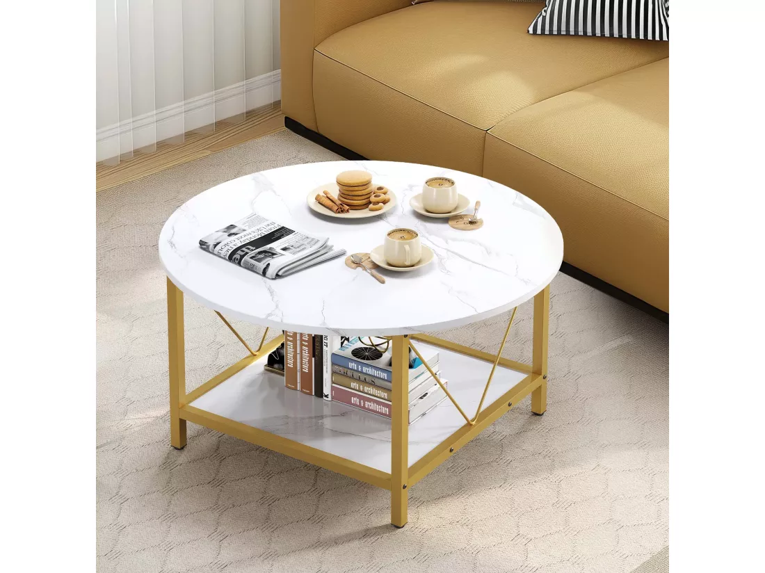 YITAHOME Table Basse - Ronde - 80x80x46cm - Table Basse avec Pieds Métalliques Stables - Blanc