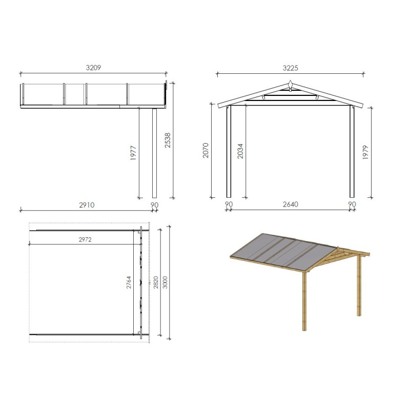 Abri de jardin en bois - 3x4 m - 21 m2 + terrasse avec balustrade et avant-toit en bois