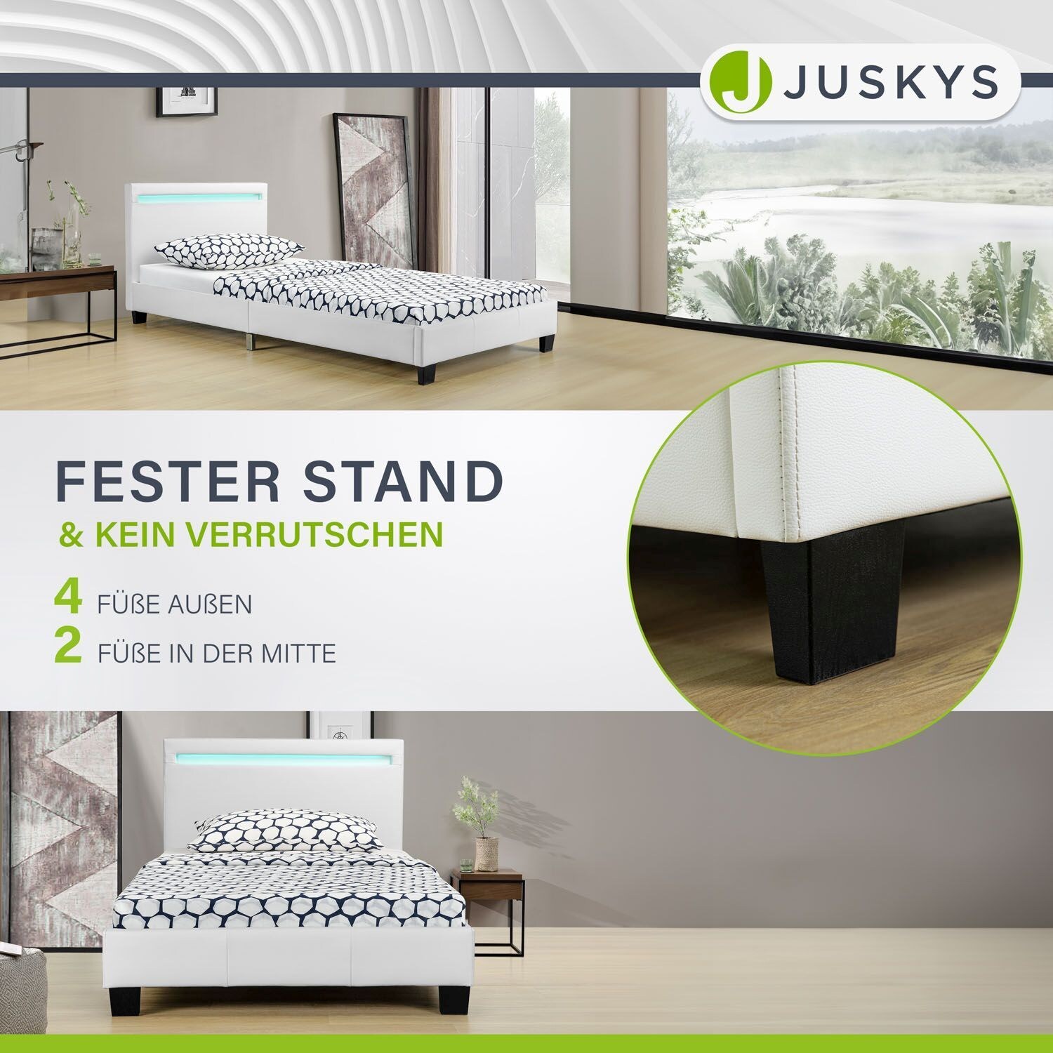 Juskys Polsterbett Verona 90x200 cm weiß mit Matratze – Einzelbett + LED-Beleuchtung & Lattenrost