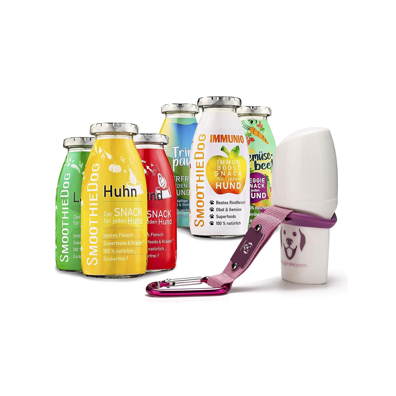 SmoothieDog Mix 6x 250 ml + Doggyroller Rosa mit Karabiner
