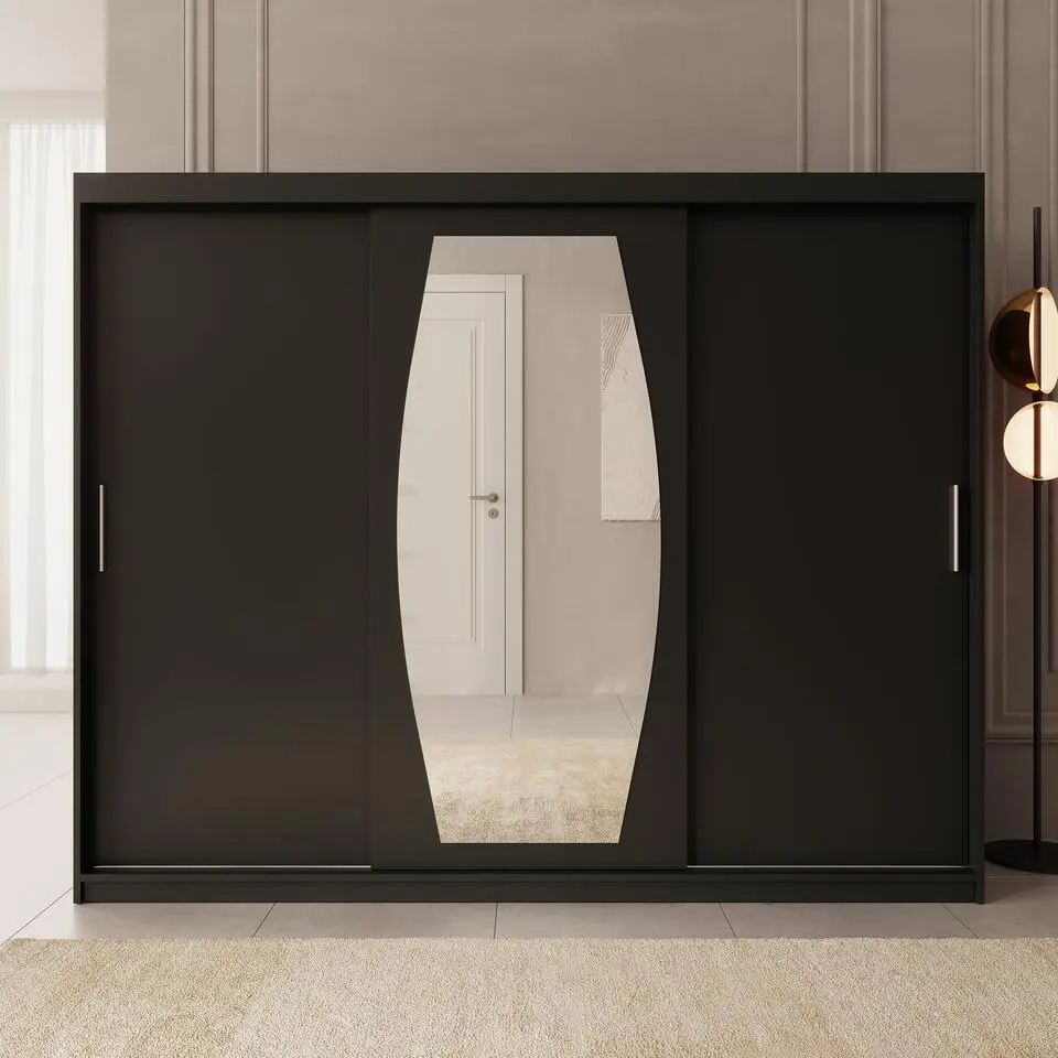 Meubella - Kledingkast Azai - Zwart - 250 cm - Met spiegel