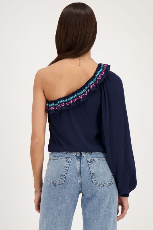 Donkerblauwe one-shoulder top met multikleur embroidery