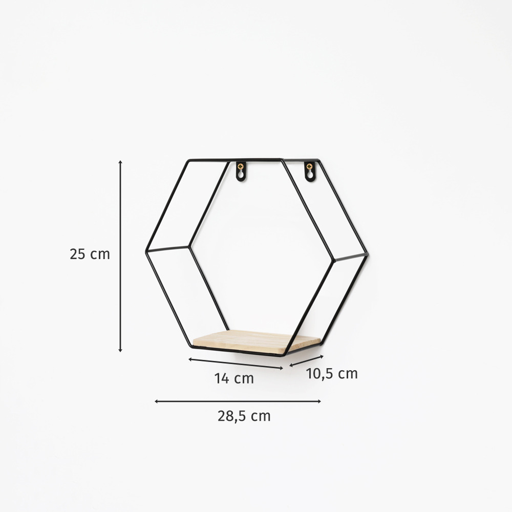 Etagère murale hexagonale en métal - 25x28,5 cm - noir - lot de 3