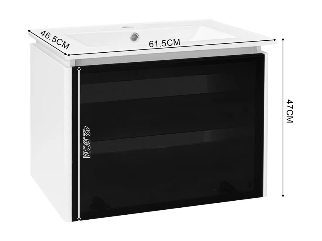 Meuble de salle de bain suspendu - avec vasque à encastrer, LED à induction et porte en verre - blanc - 61.5x46.5x47cm