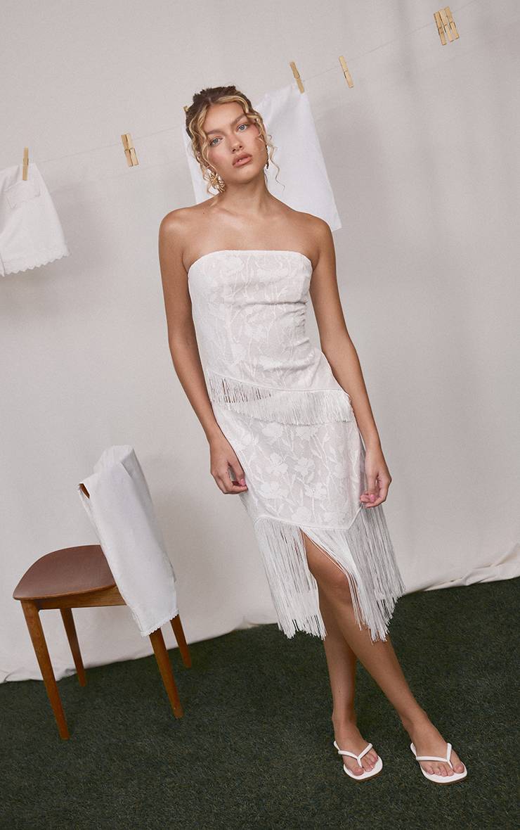 Blanc Ensemble Haut Bandeau À Franges Asymétriques Et Texture Florale