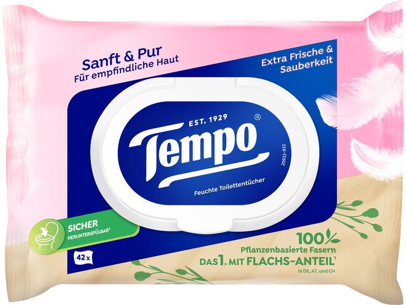 Tempo Feuchttücher sanft & pur parfumfrei 42 Stück Feuchttücher, parfümfrei, Einzelpack, 42 Stück