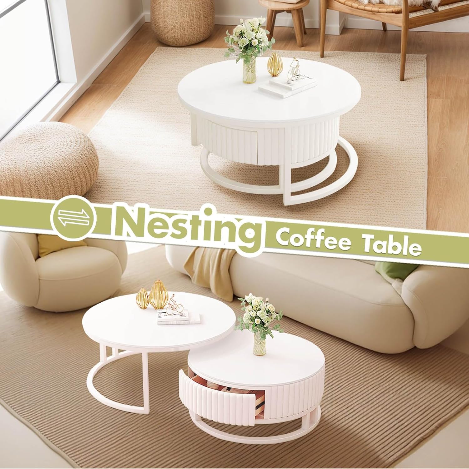 Runder Couchtisch Weiss 2er Set Marmor Couchtisch Rund Mit Stauraum 50+70cm Satztische Fürs Wohnzimmer Modern Couch Tisch Wohnzimmer Weiß Couchtische Holz Schublade Stabiler Metallrahmen