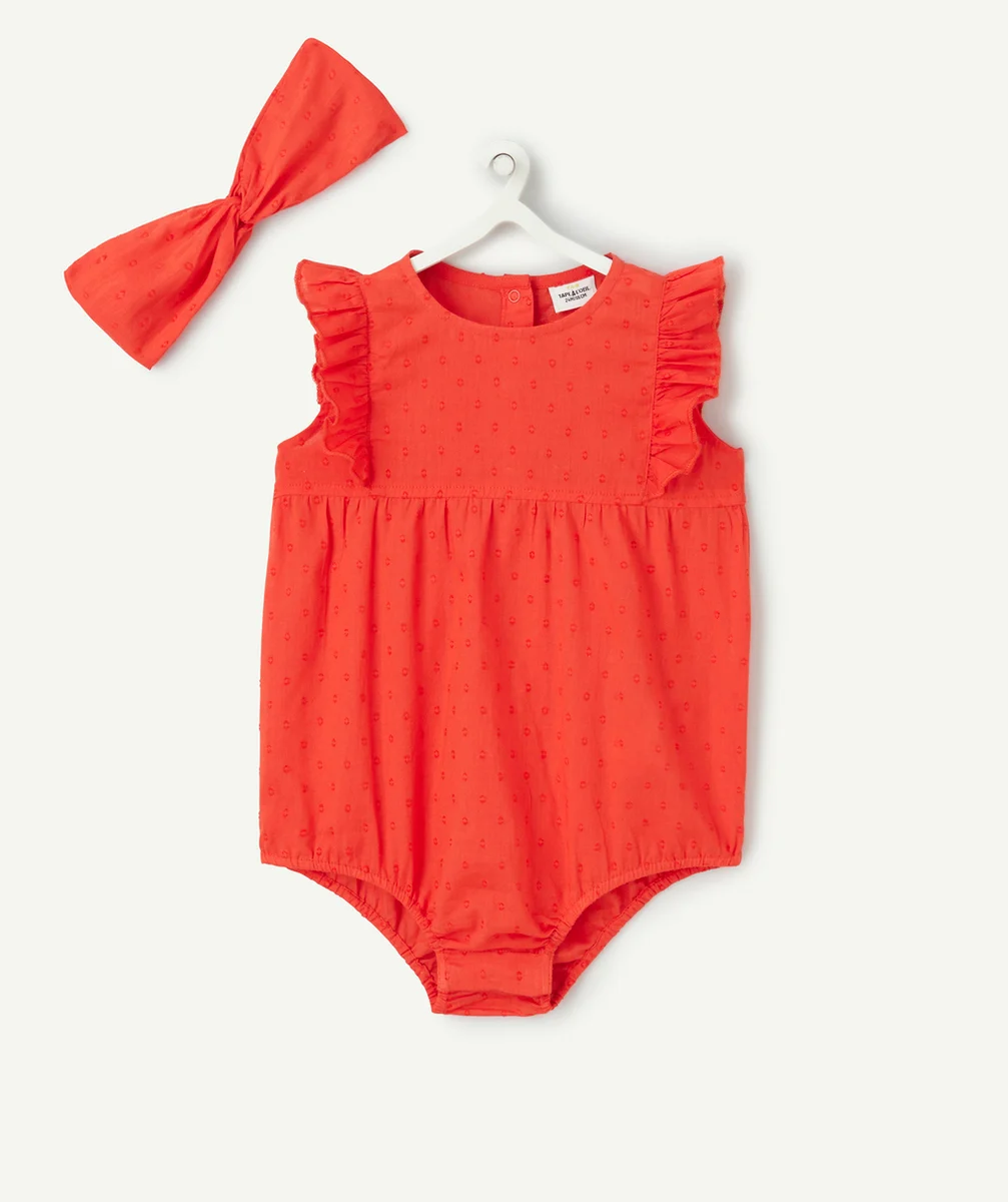 barboteuse bébé fille en coton bio rouge avec turban assorti