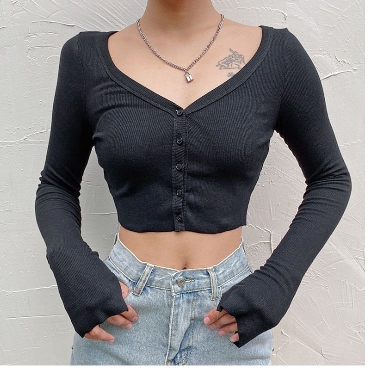 Trisica - V-hals geribbeld cropped vest met knoopjes