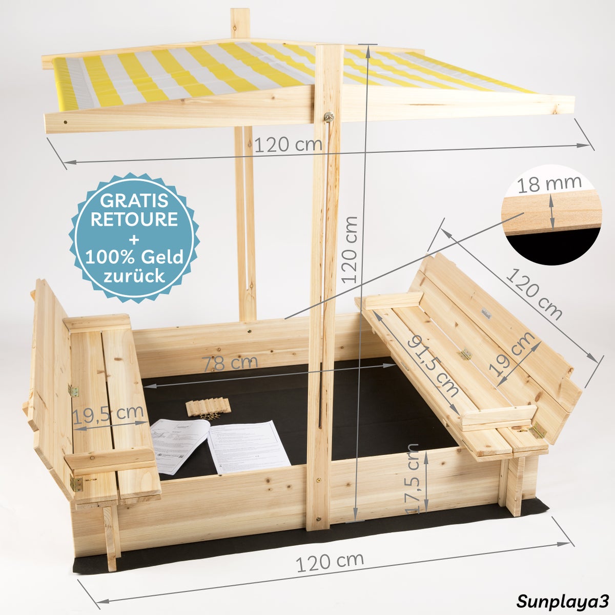 needs&wants® Zandbak met deksel, dak, deksel, bankje en voetstuk, houten zandbak, vierkant, afsluitbaar, uv-bescherming met bankje, buitentuin voor kinderen, spar, geel, wit, bruin