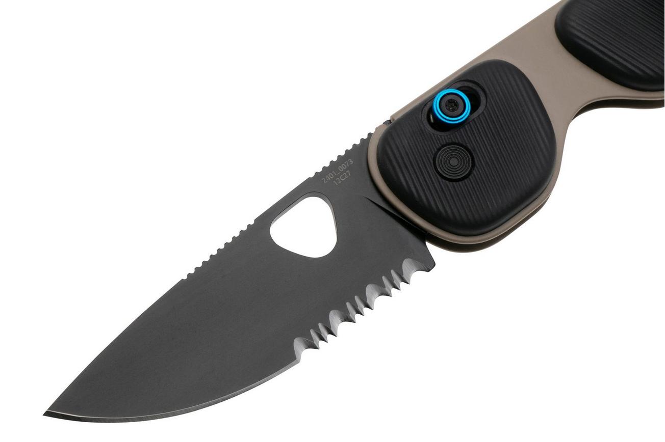 The James Brand The Redstone Coyote Tan Black Purple Serrated, zakmes