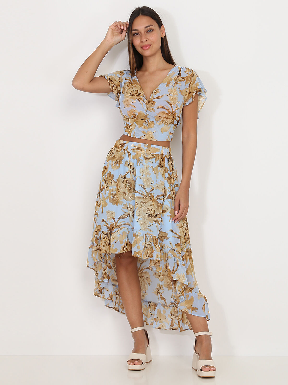 Jupe asymétrique à motif printanier- Bleu clair
