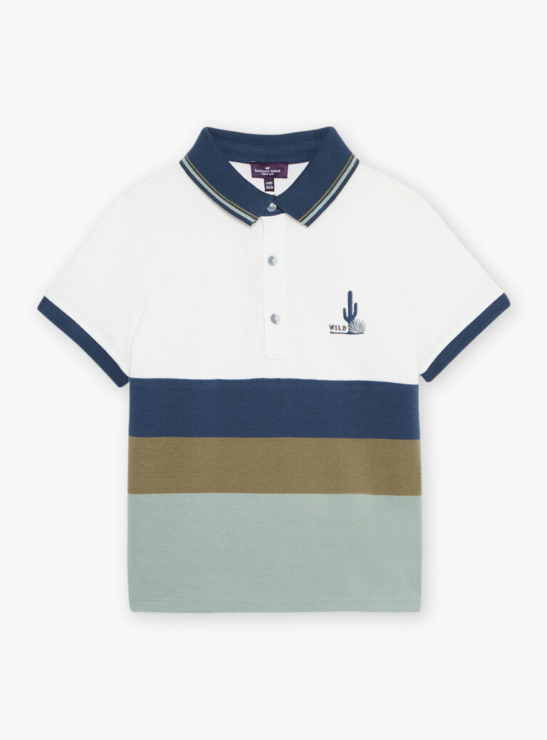 Polo piqué écru à rayures bleu marine, gris et kaki