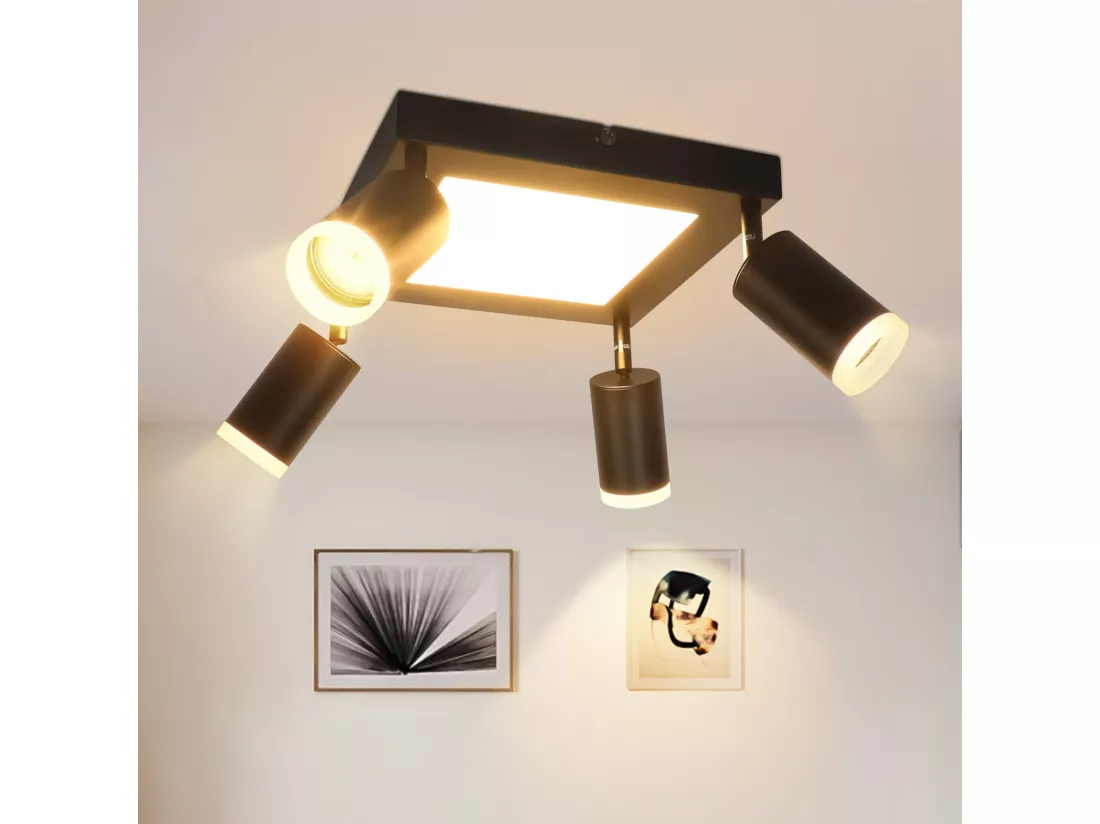 NETTLIFE Spot de plafond 4 ampoules GU10 3000k 20W lampe de cuisine noire blanc chaud lampe de couloir pivotante