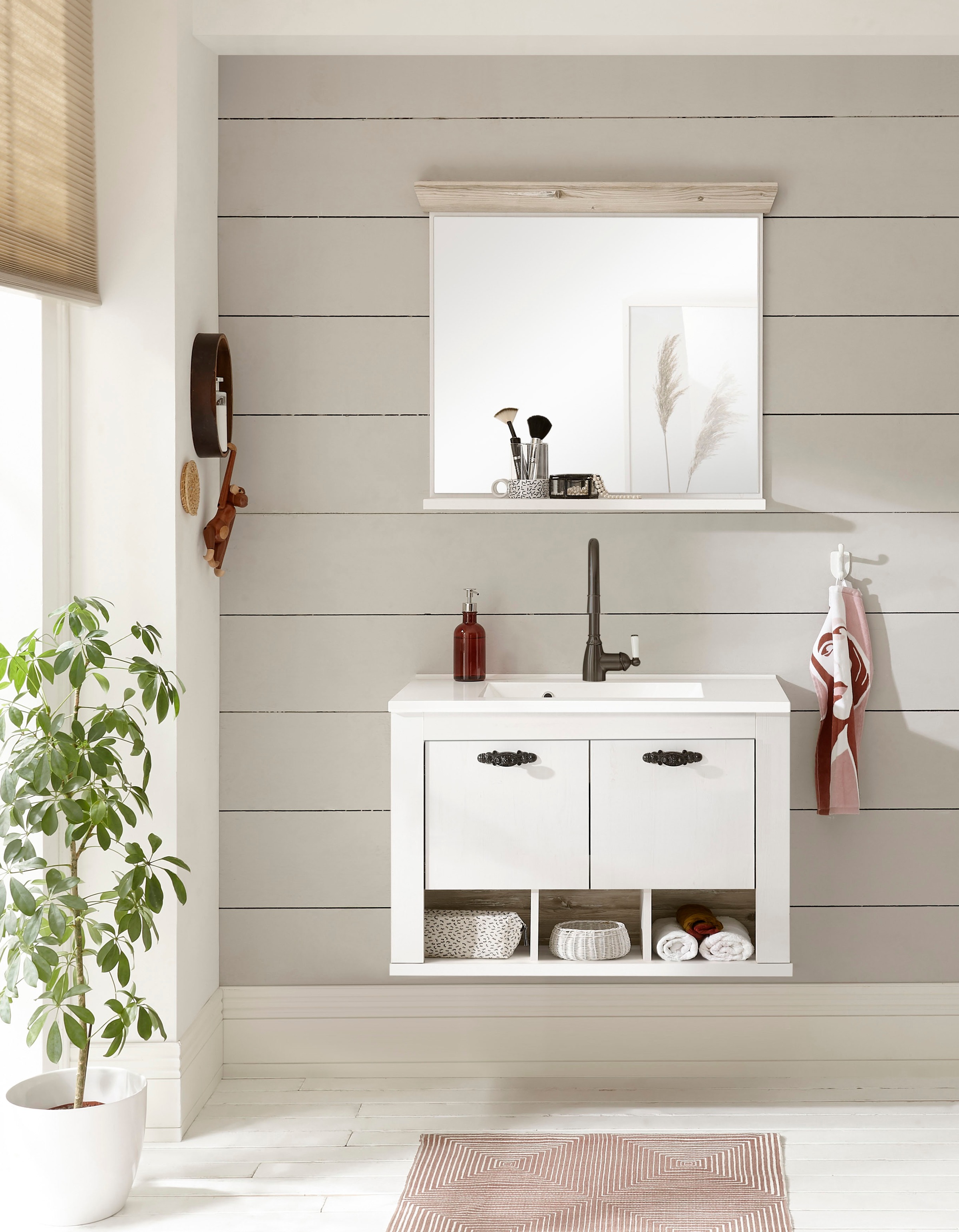 Home affaire Waschtisch »Florenz, Waschbeckenunterschrank inkl. Waschbecken, Metallgriffe« in Pinie Weiss, hängend, Breite 82 cm, inkl. Mineralgussbecken
