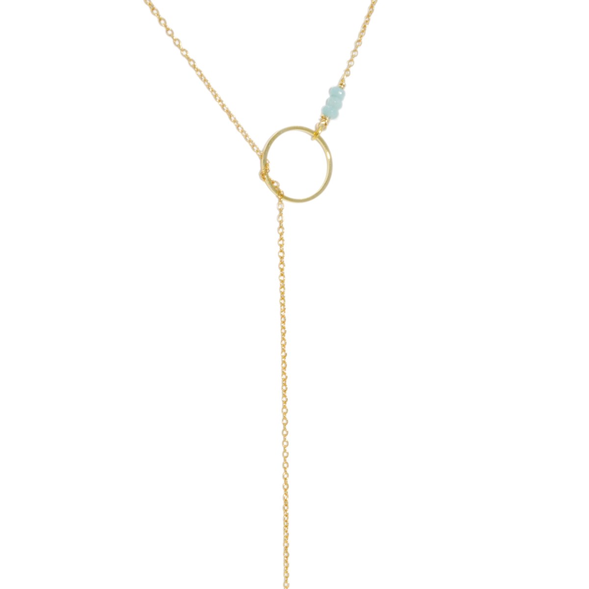 Sautoir cravate anneau - Perles d'aigue marine - Doré à l'or fin