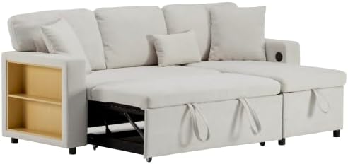 L-Form Schlafcouch Ecksofa Ausziehbar | Bettkasten + Regal + USB-Anschluss, 4 Sitzplätze, Stauraum, platzsparend für kleine Wohnungen & Jugendzimmer, Beige