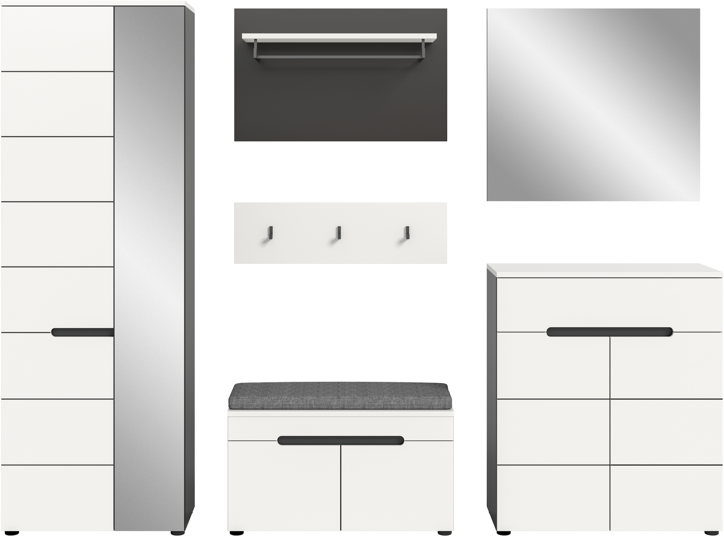 INOSIGN Garderoben-Set »REHAT, TOPSELLER!, 6-teilig, Breite 255 cm, individuell erweiterbar« Set, Schrank, Sitzbank, Sitzkissen, Paneel, Hakenleiste, Spiegel, Kommode, 6 Stk. tlg.