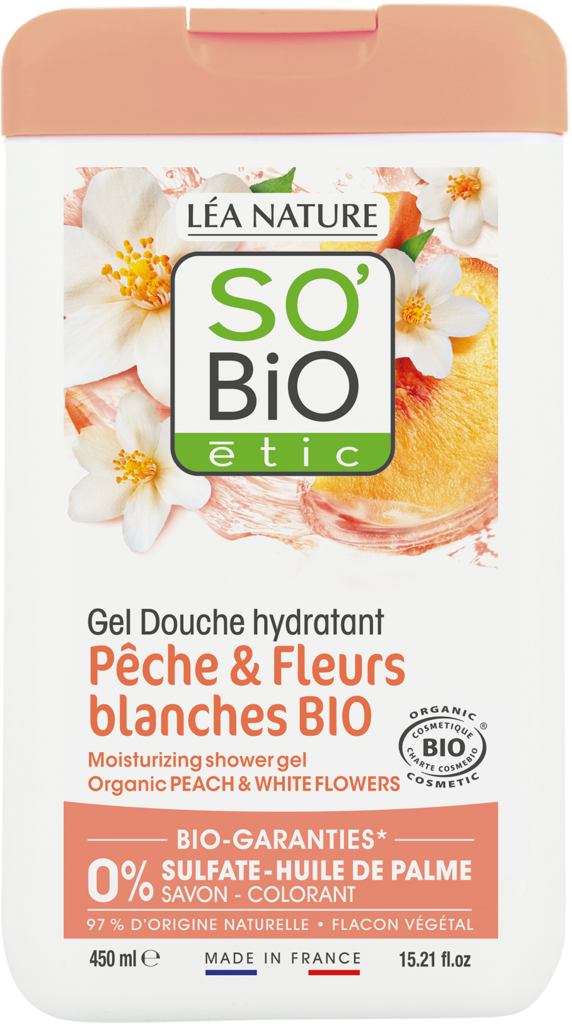 LÉA NATURE SO BiO étic  Hydratisierendes Duschgel Pfirsich & Weiße Blüten, 450 ml