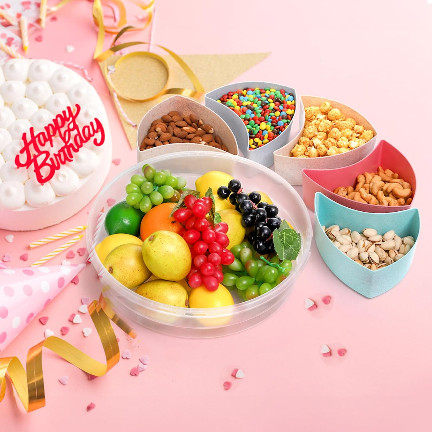 (Ø31x7cm) Party Snack Box Tragbarer Apéro Behälter mit Deckel   Schälchen für Chips / Nüsse / Süssigkeiten - Bunt