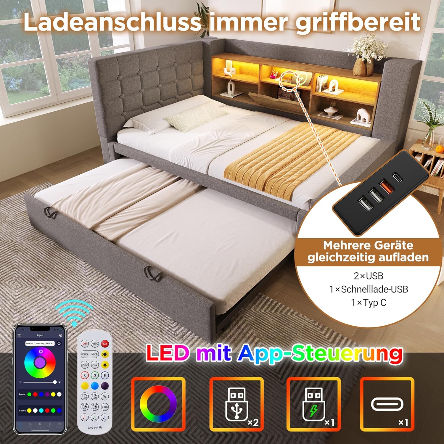 Polsterbett Bett mit LED-Beleuchtung 90x200cm, Mit Ausziehbett 90x190cm, Struraumbett, L-förmigem Kopfteil mit Stauraum, beidseitig montierbar, Lattenrost, Leinen (Grau-A)