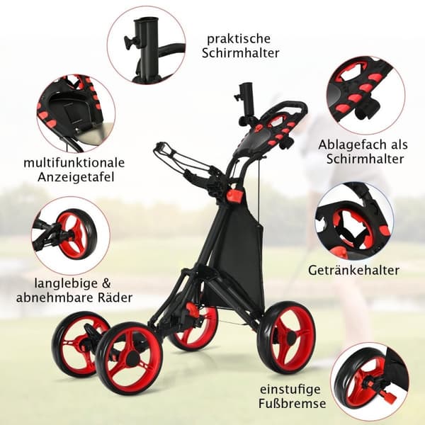 Golfvogn 4-hjuls Golfvogn Golfvogn Golf sammenleggbar Golf Caddy Golf Push Cart laget av rødt aluminium