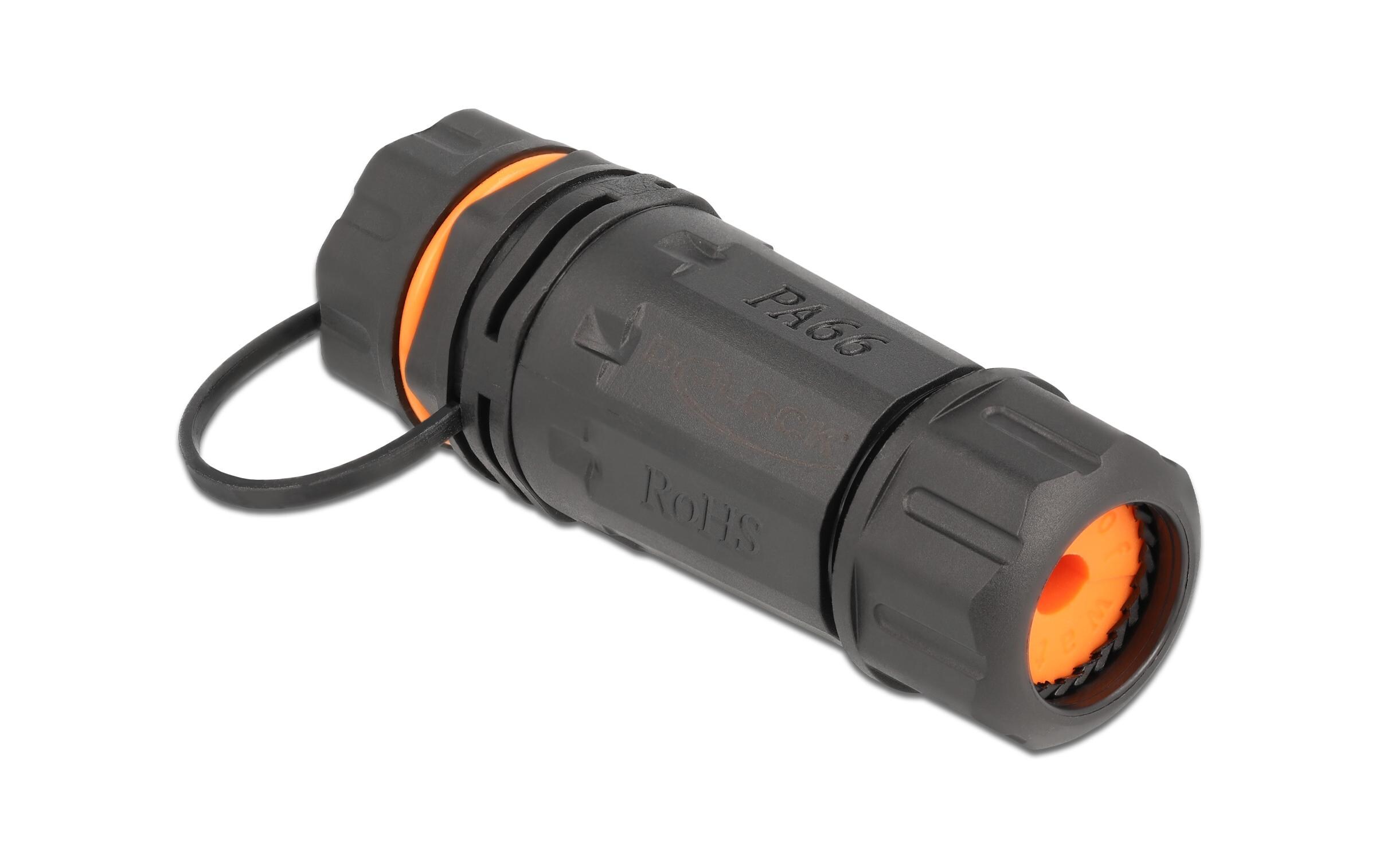 Kupplung RJ-45, Cat.6A, Orange, wasserfest, 1 StückDelock Kabelverbinder RJ45 Buchse zu RJ45 Buchse Cat.6A mit Gehäuse und Verschlusskappe wasserfest
