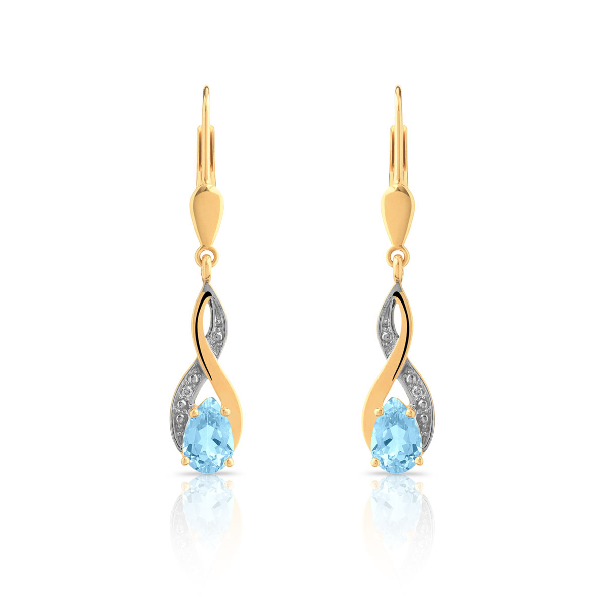 Boucles d'oreilles or 750 2 tons dormeuses topazes bleues traitées taille poire et diamants