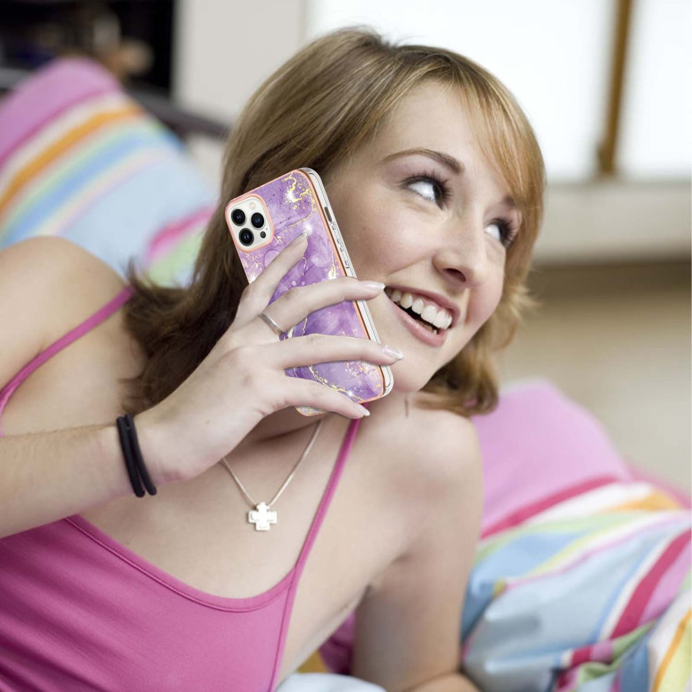 iPhone 14 Pro Gummi Case Hülle Galvanisierter Rahmen Marble Marmor Design - Violett / Roségold