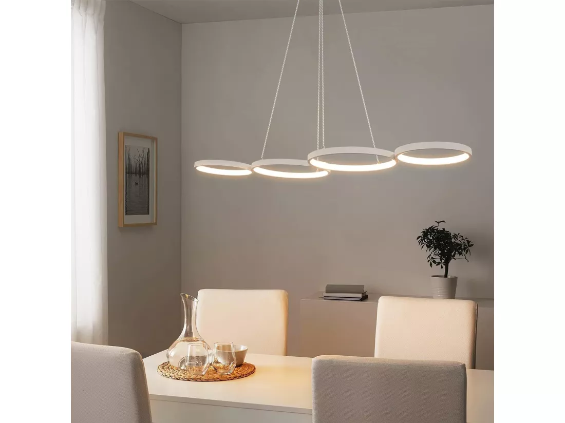 NETTLIFE Suspension LED Blanc Moderne Diam.88cm Lampe de salle à manger 4 Anneaux Design Métal Dimmable avec Télécommande pour Salon Chambre