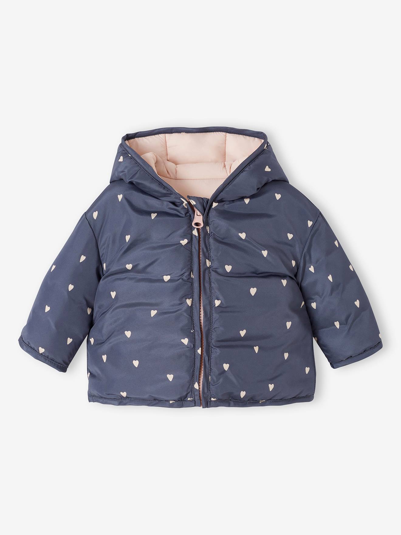 Casaco reversível acolchoado para bebê, roxo médio, liso com estampas.