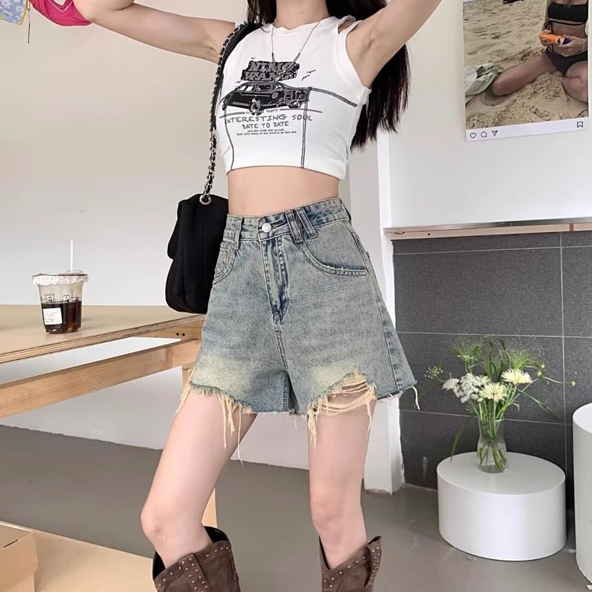 deersweeti - Hoge taille gewassen, versleten denim hotpants